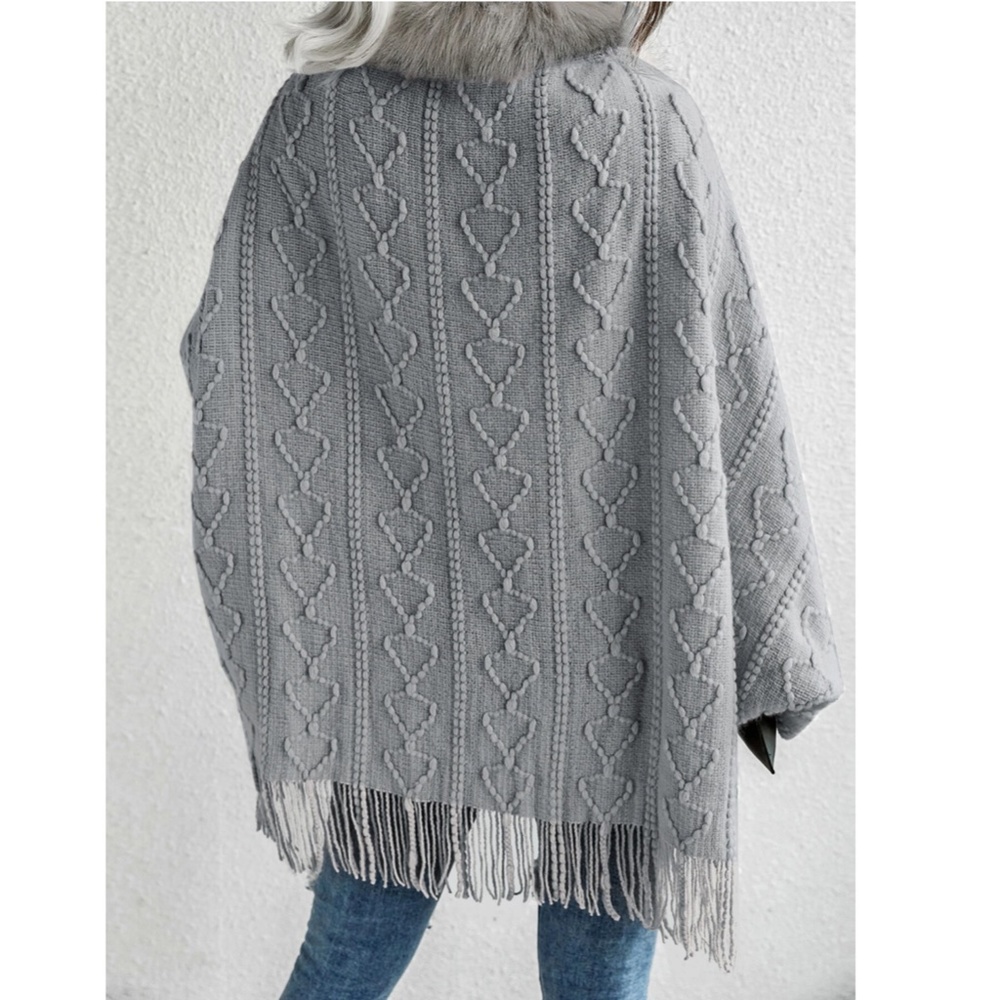 Faux Fur Grey Textured Knit Open Cardigan - Picture 4 of 7